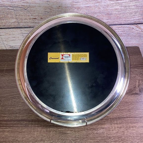 Vintage Formica Serving Platter Crescent Silver Rim Black Center 12” - Picture 3 of 8